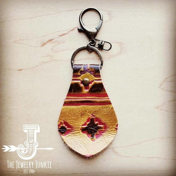 Embossed Leather  Key Chain Yellow Navajo Western Southwestern - Picture 1 of 2